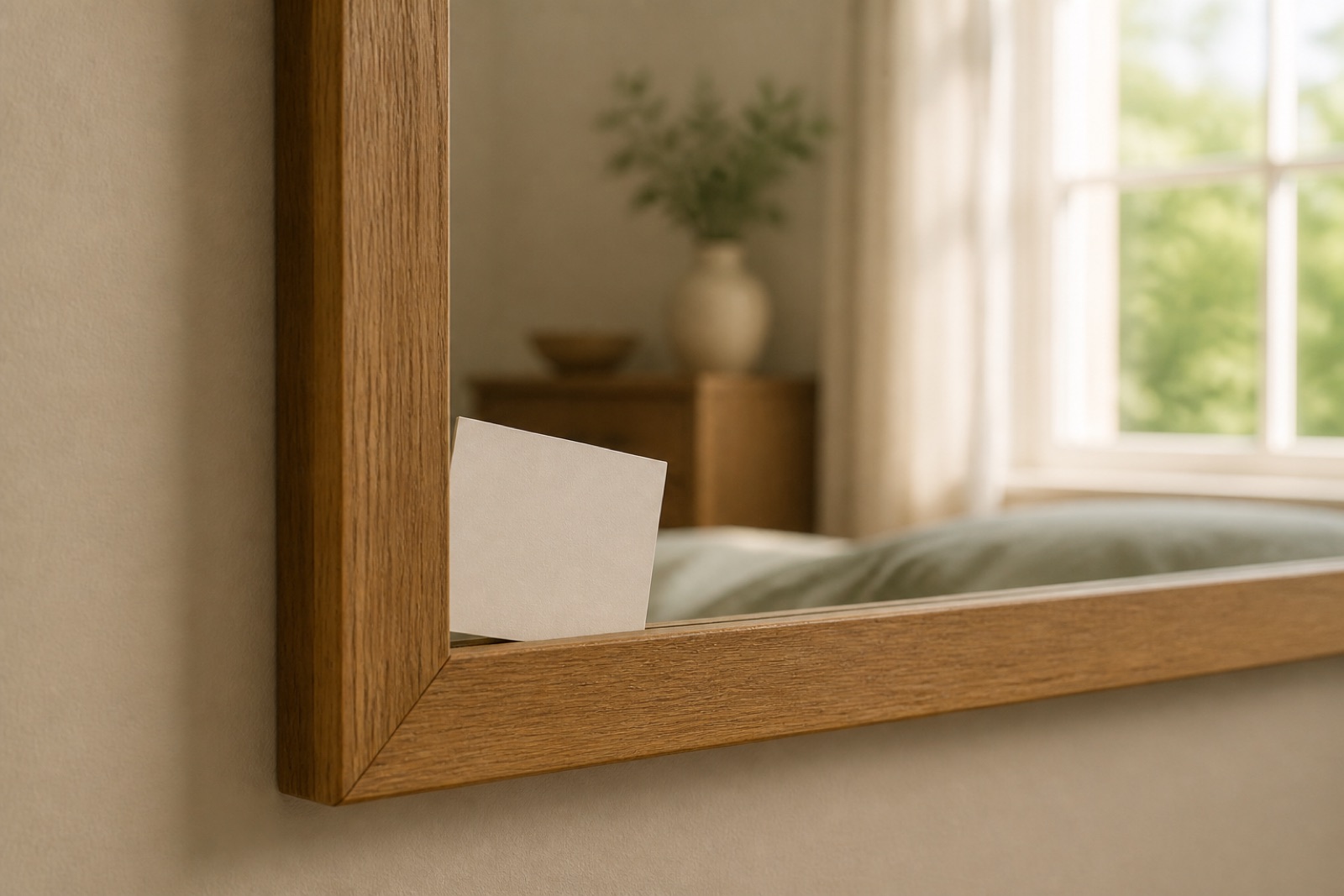 A blank note tucked into the corner of a wooden mirror frame