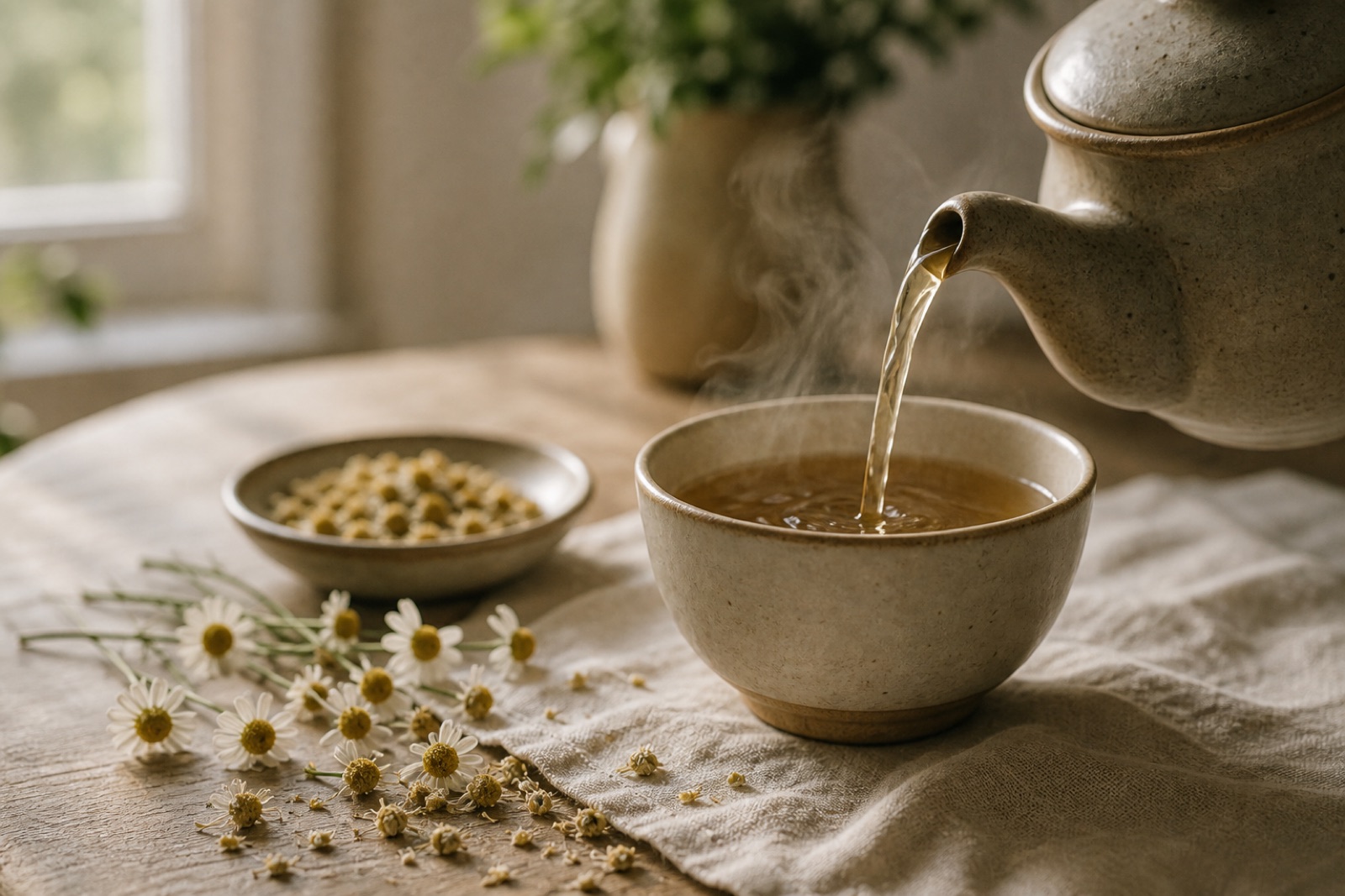 Herbal tea being poured into a ceramic cup with chamomile nearby