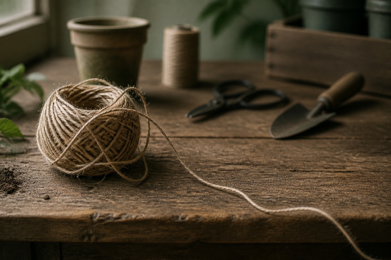 Garden twine partly unwound on a wooden workbench