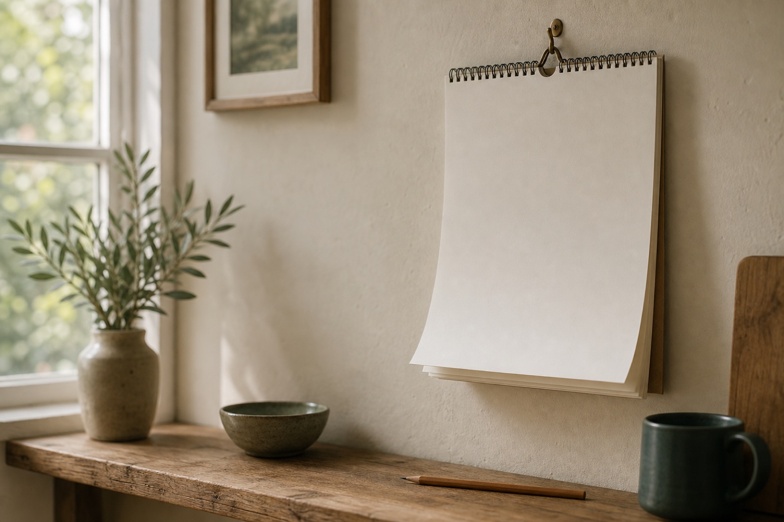 A blank wall calendar with a pencil resting below it
