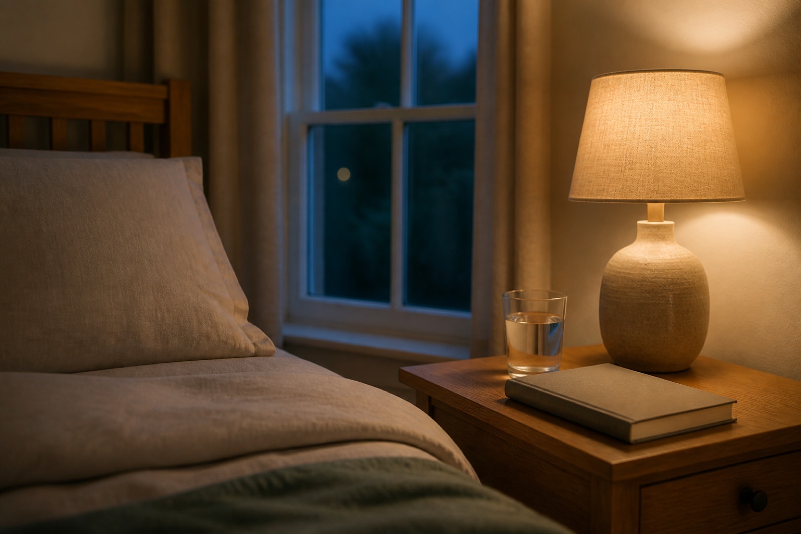 A softly lit bedside table with a lamp, book and folded linen