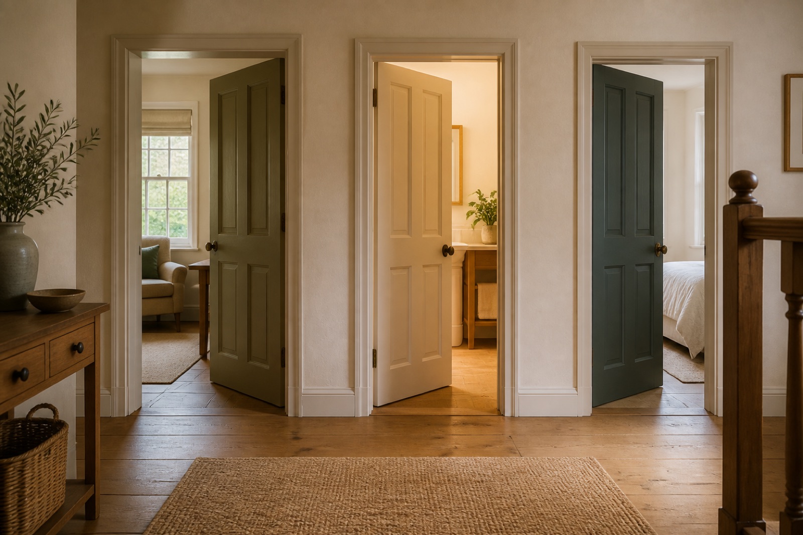 Three slightly open doors in a quiet cottage hallway
