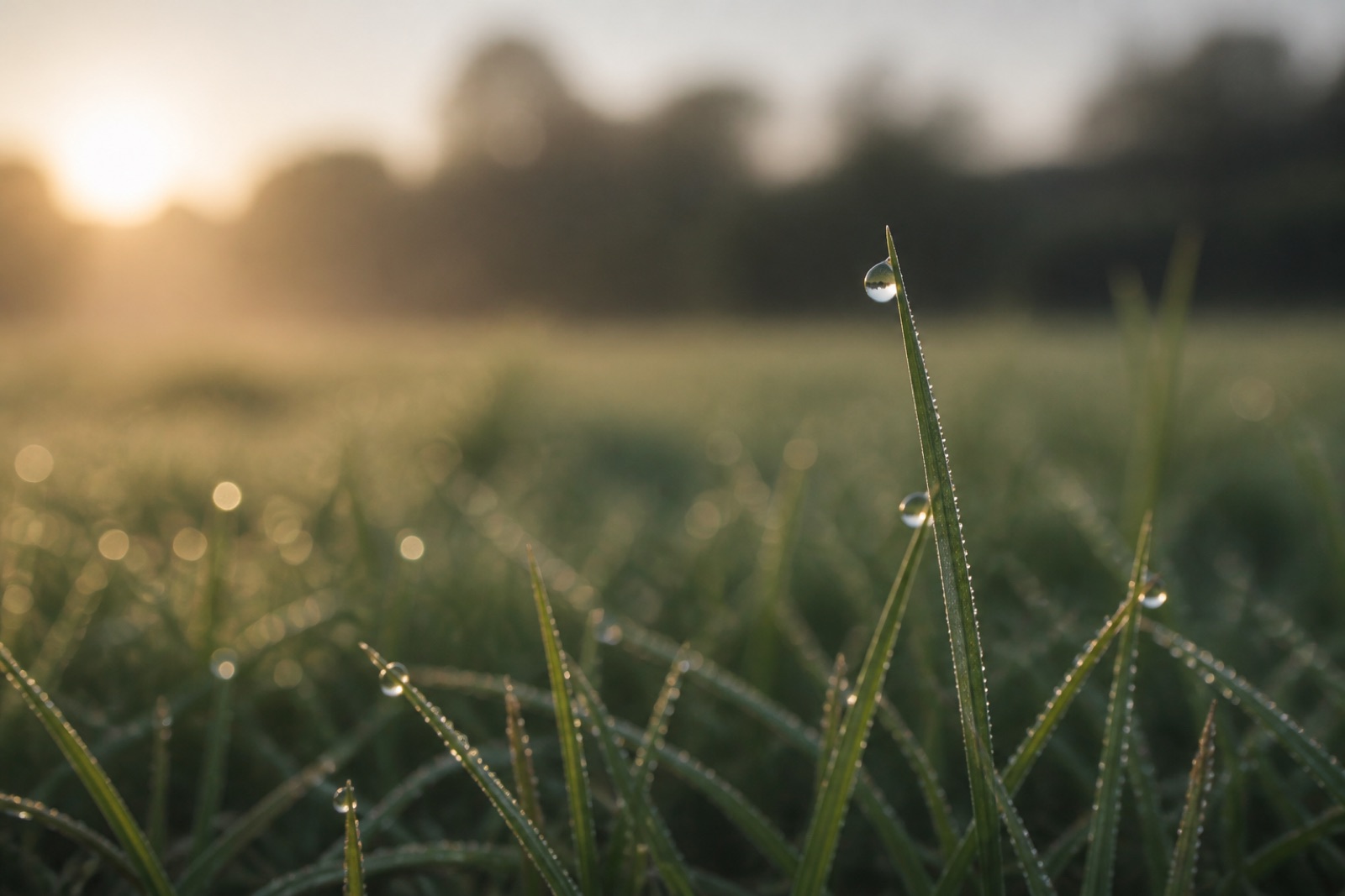 Dew on grass at first light with one blade in sharp focus