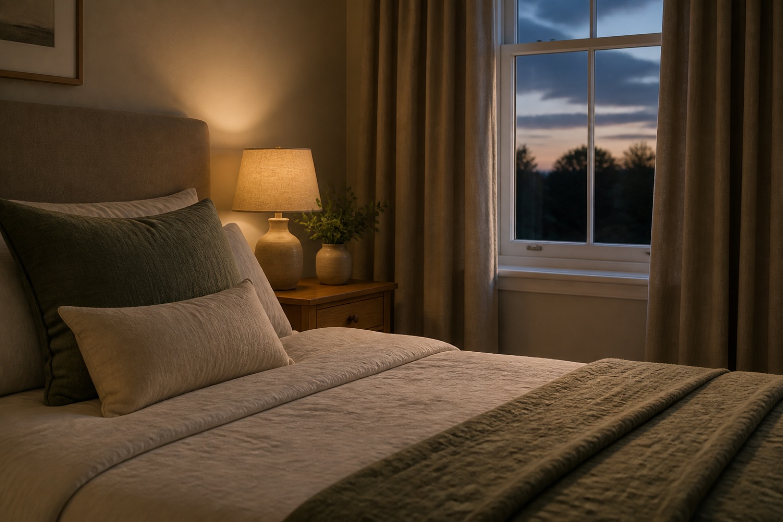 A neatly made bed in warm lamplight with curtains half drawn